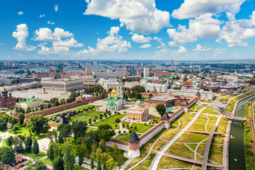 Aerial drone view of Tula Kremlin and assumption cathedral. Summer sunny day - obrazy, fototapety, plakaty