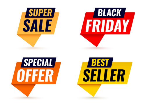 Sale banners collection: black friday, special offer, best seller and super sale. Vector templates for promotions and discounts. Collection of web advertising banners with shopping offer text.