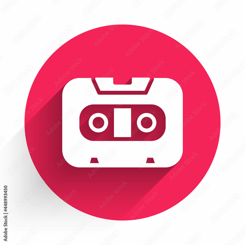 Poster white retro audio cassette tape icon isolated with long shadow. red circle button. vector
