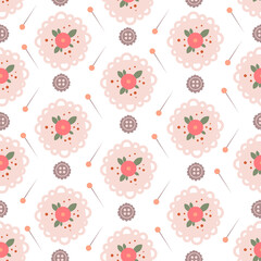 Seamless pattern with openwork napkins, embroidered roses, buttons and pins. Decorative background for hand-made packaging design, printing on fabric, thematic cards, decoupage and other. Stylized vec