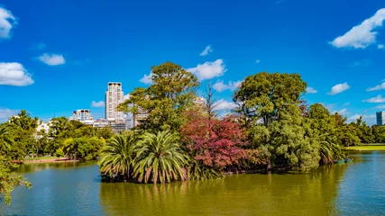 Gardinen Panoramic view over Palermo district parks in Buenos Aires with beautiful nature, parks, lagoons, plants and traditional cultural architecture at sunny day and blue sky, Argentina, summer. © neurobite