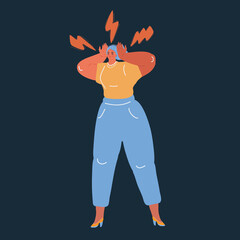 Vector illustration of Stress woman having a migraine headache holding her head in pain and stress over dark backround.