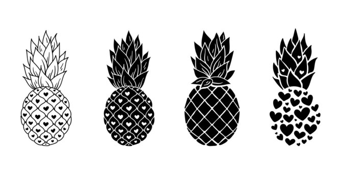 Pineapple cliparts bundle, black and white pineapple silhouette, tropical fruit design elemnts, isolated items on white - vector digital set