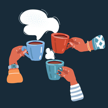 Vector illustration of female hand holding tea cup in hands over dark background.