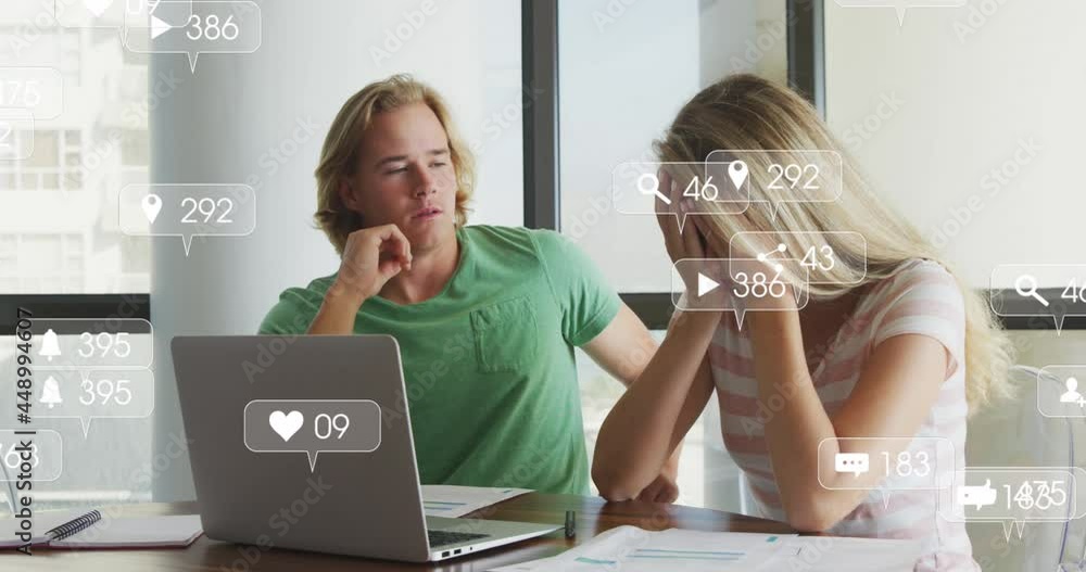 Poster multiple digital icons with increasing numbers over stressed caucasian couple calculating finances