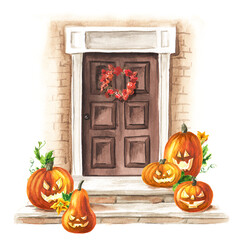 Obraz premium Classic front door with porch and stairs, decorated with Halloween pumpkins, Holiday concept. Hand drawn watercolor illustration isolated on white background