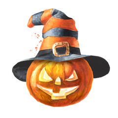 Halloween pumpkin in the hat, head jack lantern. Hand drawn watercolor illustration, isolated on white background