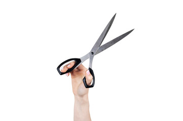 Hand holding scissors on white background isolated. Concept of hands and body parts. Desk articles