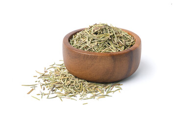 Dried Rosemary in wooden bowl on white background.