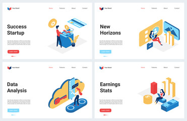 Success business startup, growing income vector illustration. Cartoon modern business concept landing page set with data analysis, start of new opportunity, earnings growth, successful investment