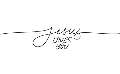 Jesus loves you vector religions lettering. Modern line lettering illustration. Hand drawn calligraphy with swooshes. Text for holiday greeting card and t-shirt print. Christianity quote about Jesus