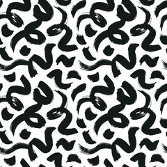 Black paint doodle lines vector seamless pattern. Wavy curly lines with dots and circles, dry brush stroke texture. Abstract monochrome wallpaper design, textile print. Wavy and swirled brush stroke