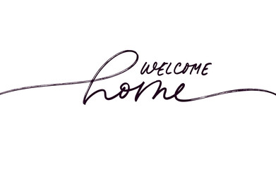 Welcome home black line lettering. Hand drawn modern vector calligraphy isolated on white. Black simple inscription with swashes, wavy lettering text. Design for holiday greeting card, housewarming.