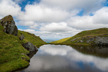 Landscape photography of mountains, hiking, trekking, lake, clouds, Tarmachan ridge, Scotland