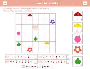  A game for children. Development of spatial thinking. Go through the cells, following the arrows to the picture. Mark the figure number in the table