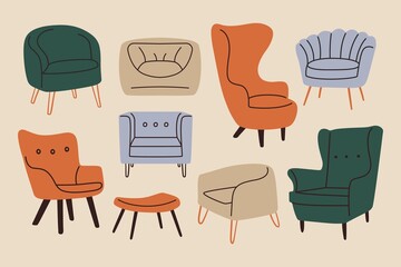Doodle modern furniture set. Comfy chairs mid century contemporary style, vector armchairs, room decoration interior design