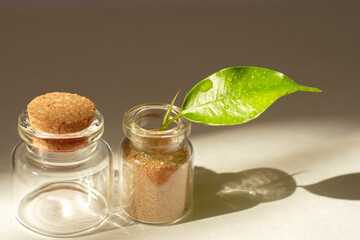 small glass jar with a cork and leaf on white background