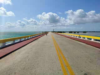 Cayo Coco, Cuba, 16 may 2021: Tourists cross the Hemingway Bridge on foot and admire the sea views....