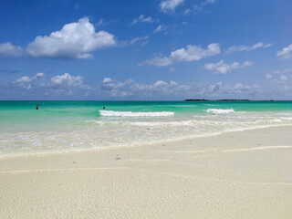 Cayo Guillermo, Cuba, 16 may 2021: People swim in the azure waters of the white Pilar beach on the...