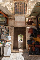 The entrance from the street the monastery of John the Baptist in Christian quarters in the old city of Jerusalem, Israel