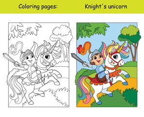 Fototapeta premium Coloring and color knight riding a unicorn