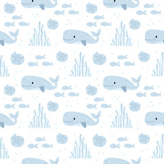 Obraz premium Pattern in the whale.Summer pattern about the underwater world in pink colors. Illustration for children's book.
