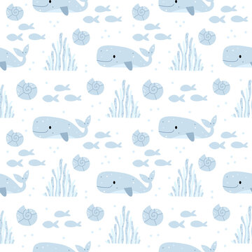 Pattern in the whale.Summer pattern about the underwater world in pink colors. Illustration for children's book.