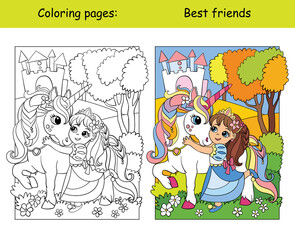 Coloring and color cute princess hugs with a unicorn