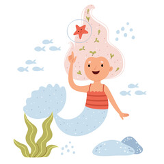 The mermaid plays with a starfish.Underwater fantasy world. Illustration for children's book.