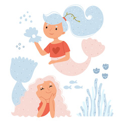 Two mermaids smile at fish and corals. Underwater fantasy world. Illustration for children's book.