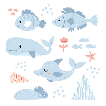 Set with blue fish.Underwater illustration in blue colors.Illustration for children's book.