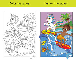 Coloring and color black boy and unicorn surf on the waves.