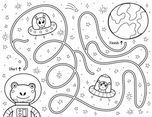 Help cute frog find a way to the planet Earth. Black and white space maze for kids. Activity page with funny space character.  Mini game and coloring page. Vector illustration