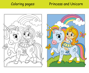 Fototapeta premium Coloring and color unicorn drive a car