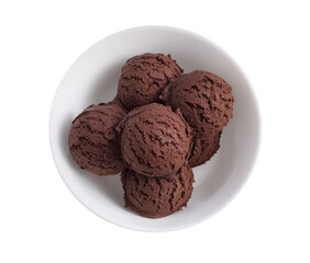 Chocolate ice cream in white bowl on white background