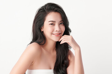 Fototapeta premium Beautiful young asian woman with clean fresh skin on white background, Face care, Facial treatment, Cosmetology, beauty and spa, Asian women portrait.