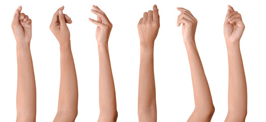 Set of woman hands isolated on white background. - obrazy, fototapety, plakaty