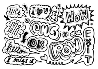 Hand drawn set of speech bubbles with handwritten short phrases  wow,OMG,hi,hello,nice,ok,lol,pow,exit on white background.