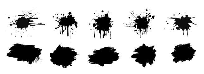 Dirty texture elements, quote box speech template. Black splashes set isolated. Paint grunge for posters, flyers, cards, banners. Vector brush stroke, brush, line or texture for Instagram highlights.	