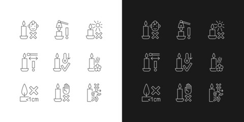 Candle safety precautions linear manual label icons set for dark and light mode. Customizable thin line symbols. Isolated vector outline illustrations for product use instructions. Editable stroke