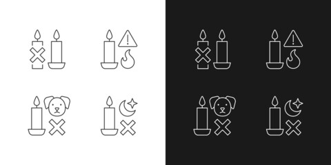 Fire safety warning label linear manual label icons set for dark and light mode. Customizable thin line symbols. Isolated vector outline illustrations for product use instructions. Editable stroke