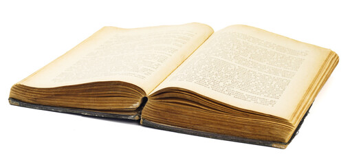 Old open book on a white background.
