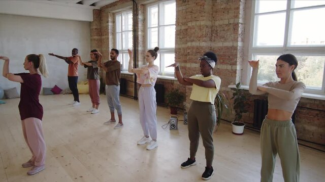 Young female instructor explaining choreography to group of multiethnic men and women during dance class in studio