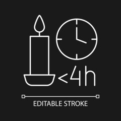 Candle burn time limit white linear manual label icon for dark theme. Thin line customizable illustration for product use instructions. Isolated vector contour symbol for night mode. Editable stroke