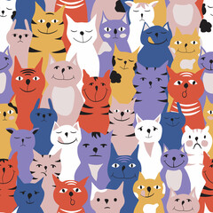 Seamless pattern with colorful cats. Yellow, red, blue and white cats with different facial expressions. Design for wrapping paper or textile. Illustration in flat style