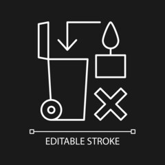 Hot wax disposal white linear manual label icon for dark theme. Thin line customizable illustration for product use instructions. Isolated vector contour symbol for night mode. Editable stroke