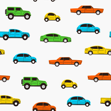 Various vehicles. Different types of cars: sedan, SUV, pickup, coupe, hatchback, retro car. Automobile, motor transport concept. Hand drawn trendy Vector seamless Pattern, background, wallpaper