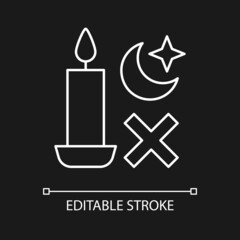 Sleep with candle lit white linear manual label icon for dark theme. Thin line customizable illustration for product use instructions. Isolated vector contour symbol for night mode. Editable stroke