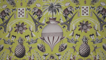 pattern with flowers, Eiffel tower and birds on fabric