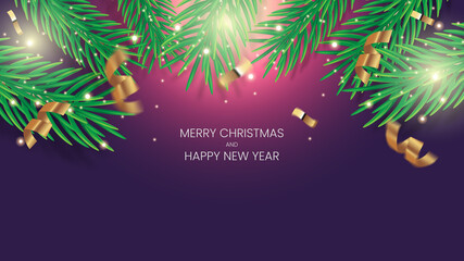 Merry Christmas and Happy New Year Banner. Dark Blue Background. Christmas Lights and Sparkles with Serpentine and Confetti 